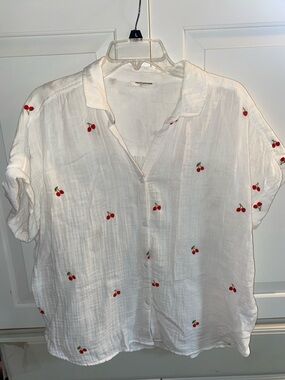 White Cherry-Embroidered Lightweight Button-Up Shirt